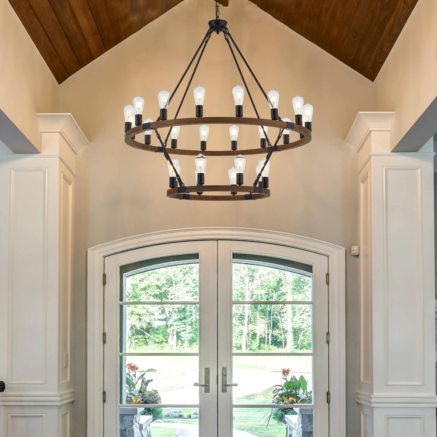 brfaixla 2 Tiers Wagon Wheel Chandelier Wooden Farmhouse 24-Light(16+8) 43.34’’ Brown, Black Metal Chandeliers 2-Story Rustic Light Fixtures Industrial for High Ceiling Living Dining Room Foyer