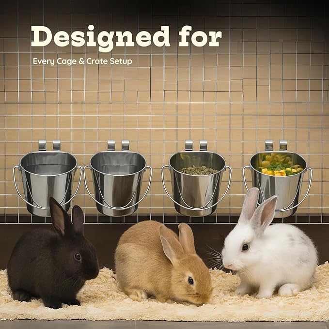 1 Quart Stainless Steel Flat Sided Pail/Dual Hooks | Hanging Bucket for Small Dogs, Cats, Birds, Rabbit, Poultry & Goats | Food & Water Bowl Fits Crates, Cages, Hutches & Farm | Pack of 4