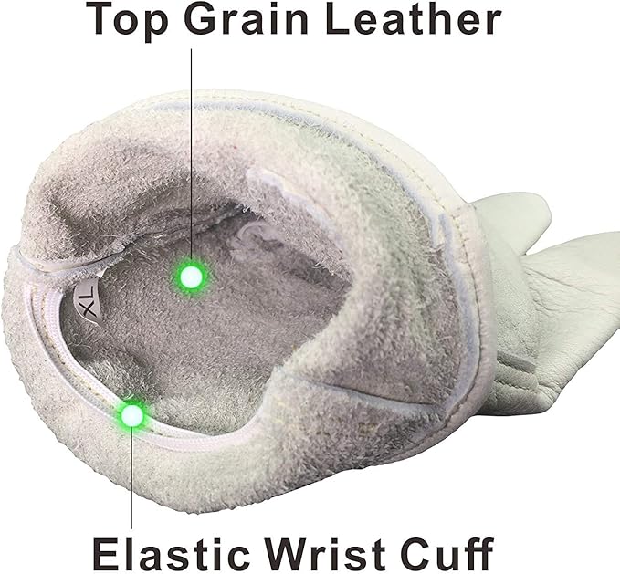 Leather Work Gloves Grain Cowhide for Yard Work, Gardening, Farm, Warehouse, Construction, Motorcycle, with Elastic Wrist, Men & Women XXL 1 Pair