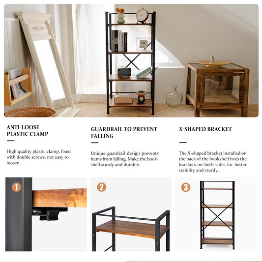 Crofy Rustic Bookshelf, 4 Tier Real Wood Bookshelf, Metal Book Shelf for Storage, Black Bookcase, 12.6" D x 23.62" W x 50.39" H
