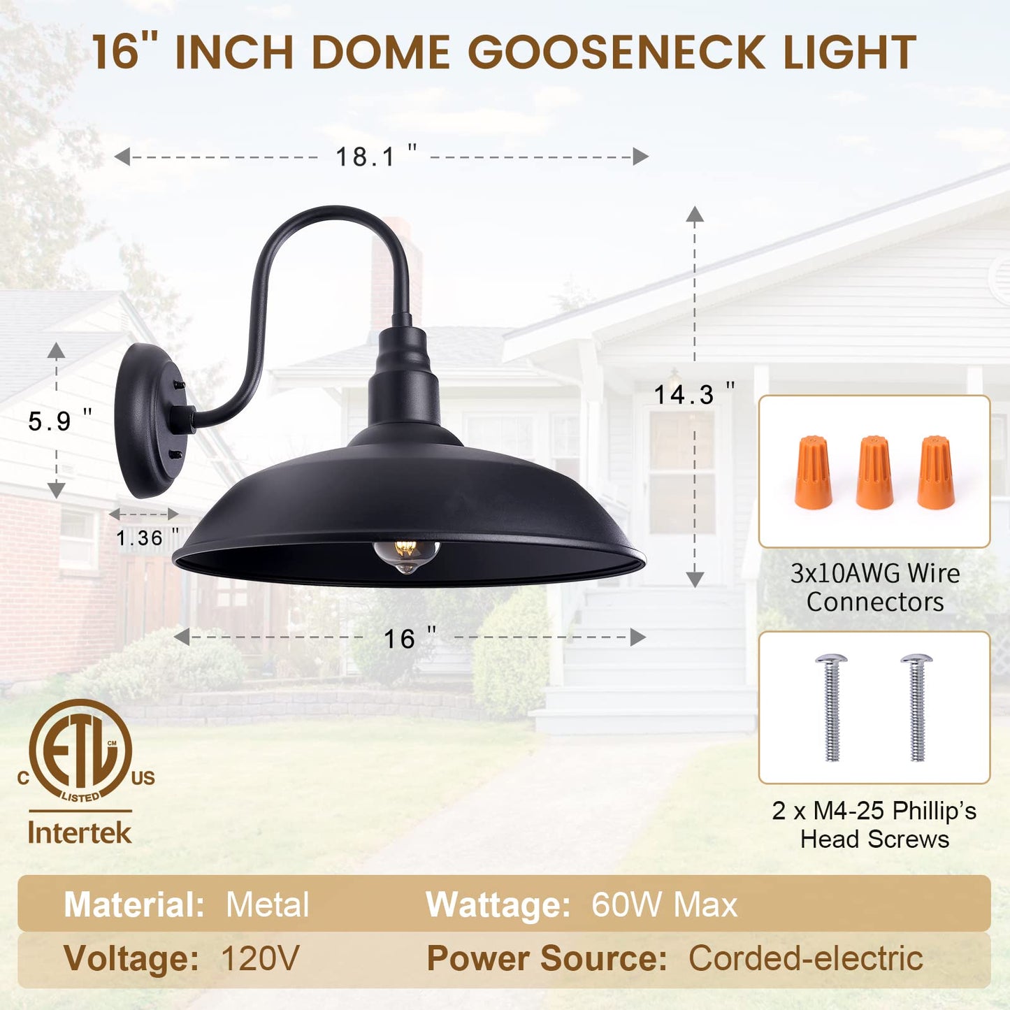 Large Black Gooseneck Barn Light for Farmhouse, 16in Dome Outdoor Wall Lights for Porch, 4 Pack Exterior Lighting Fixture with Goose Neck Arm for Front and Back Porch House Garage Door