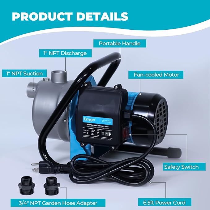 1 HP Portable Shallow Well Pump, Small Water Transfer Garden Pump, 980GPH Sprinkler Booster Electric,115V Self Priming Draining Irrigation for Lawn Fountain