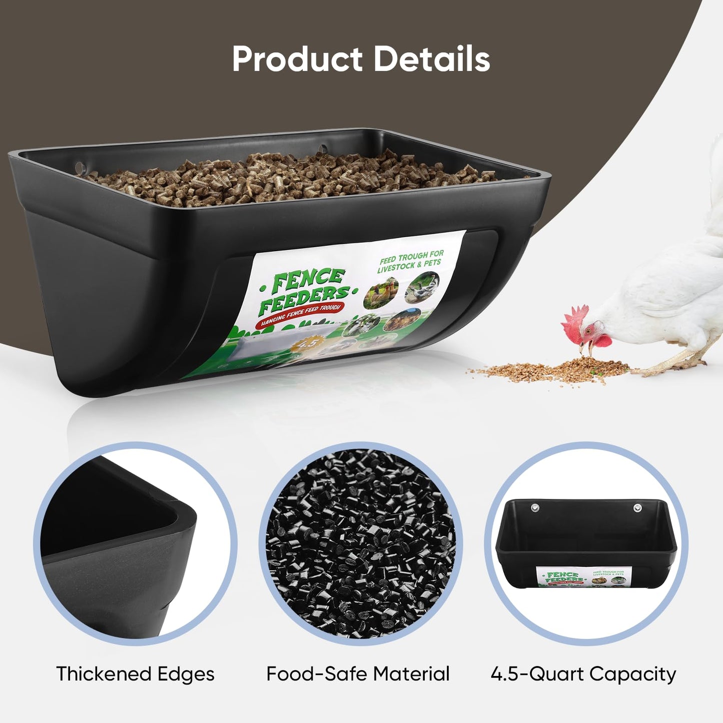 Chewoof 4 Pack Goat Feeders Hanging, Chicken Feeder, with Clips Hanging Fence Feeders, 4.5 Quart Feed Buckets for Horses, Duck Feeder, Chicken Water Feeder, Poultry Feeding Trough