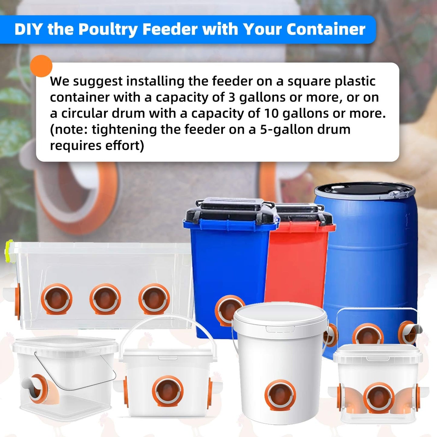 Large Chicken Feeder No Waste, DIY Automatic Chicken Feeder Port with Cover for Duck, Poultry(2 Pack with Caps & Hole Saw)