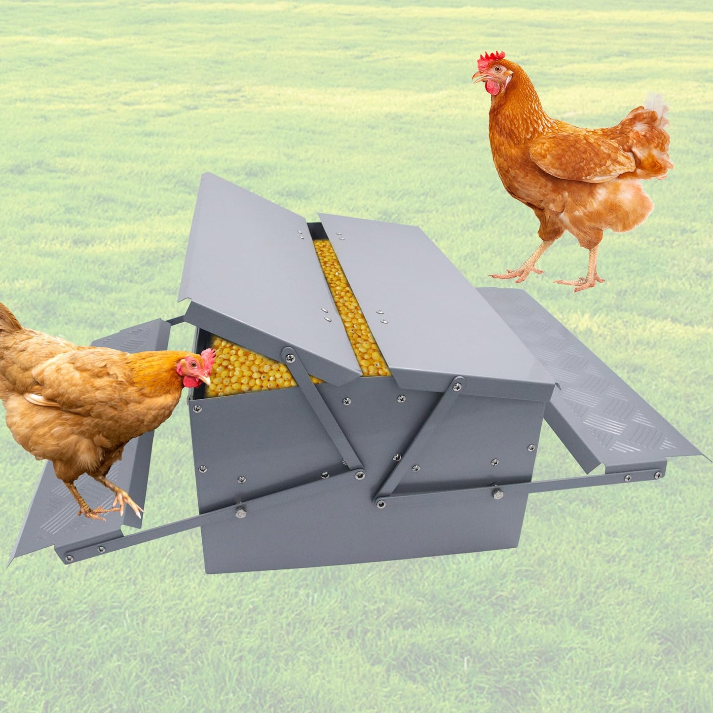 Lucky Farm Automatic Chicken Feeder Treadle Poultry Feeding Trough Plastic Spraying Steel 25lb No Spill for Roosters Duck Goose and Turkey