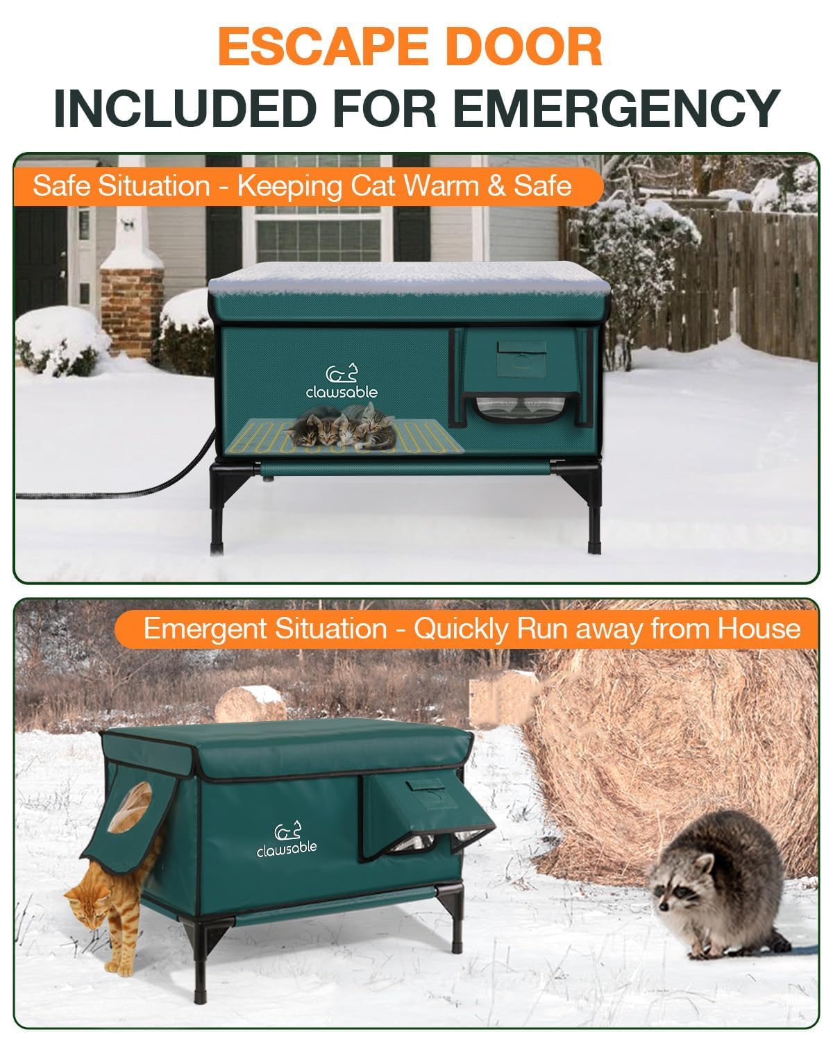 Indestructible Heated Cat House for Outside Winter, 100% Waterproof, Safe Escape Door, Insulated Outdoor Cat Shelter with Heater for Feral Barn Cat Kitty (Forest Green, 12"x16"x18")