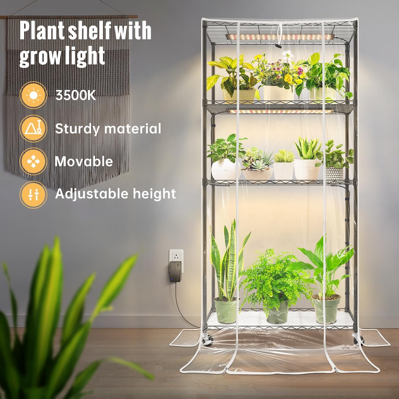 SpeePlant Indoor Greenhouse with Grow Light and Shelves - 4 Tier Plant Stand with Grow Light, Zippered PVC Cover and 3 Dimmable 1.8FT 60W Grow Lights with Timer, 30""(L) X 14""(W) X 59""(H), Black