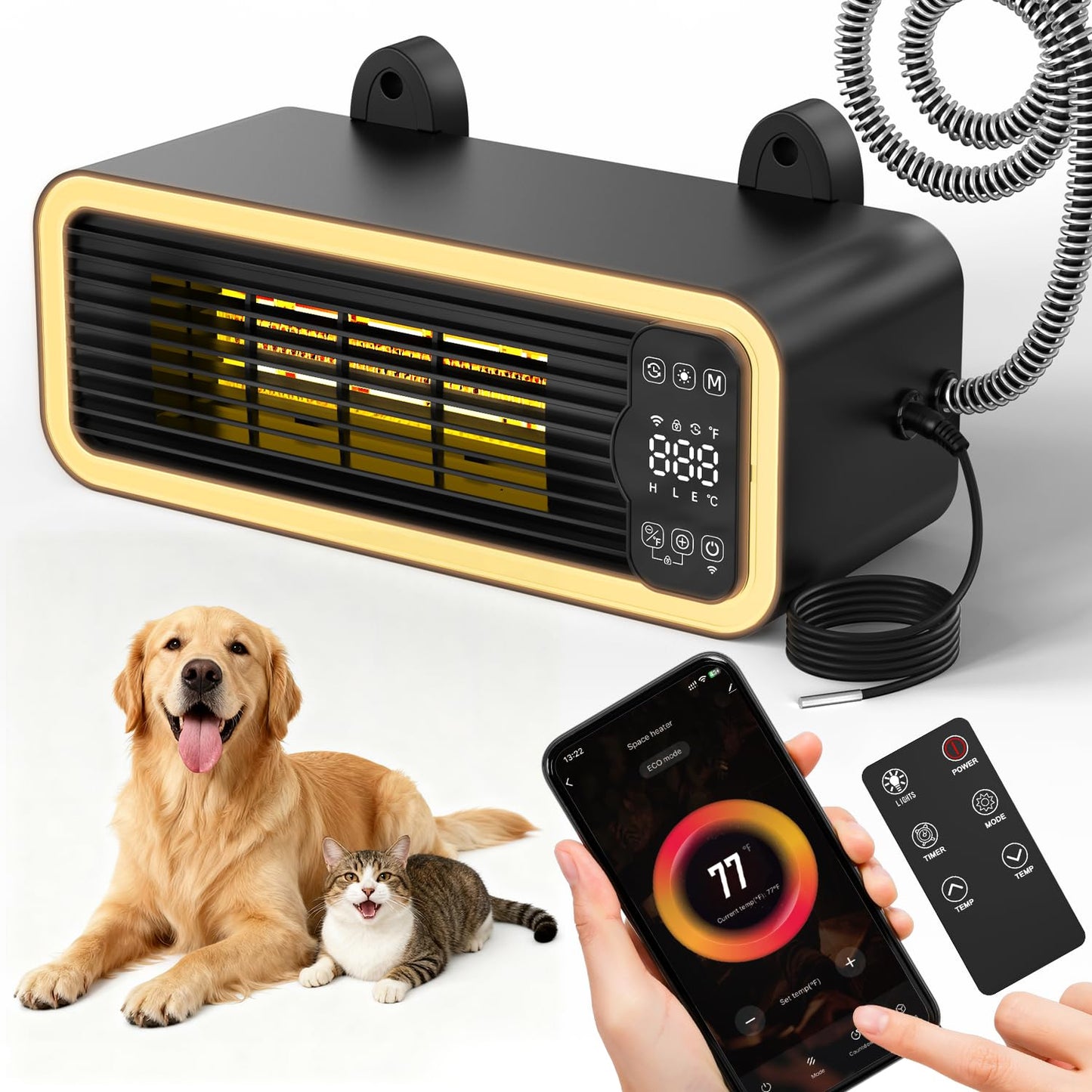 1200W Dog House Heater with Thermostat WIFI Control, Dog Heaters for Outside Doghouse Chicken Coop, Greenhouse, Outdoor Pet Heater with 6.6FT External Temperature Probe and Anti-chew Cable