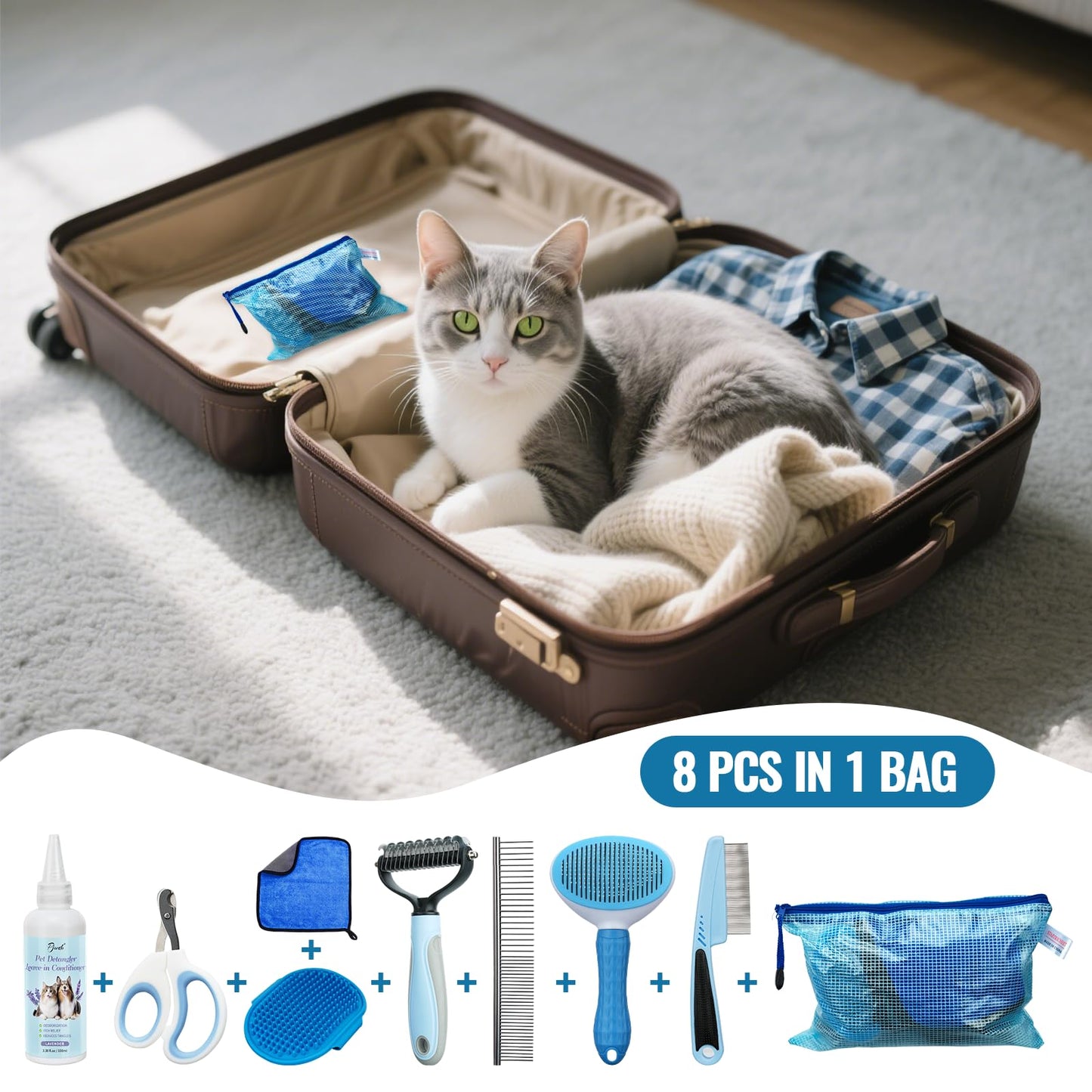 Pjordo 8 in-1 Dog Grooming Kit - Supplies for Short and Long Hair Dogs & Cats, Dog Brushes for Grooming, Dematting Comb for Pet, Bath Brush, Flea Comb, Pet Donditioner, Set in Blue
