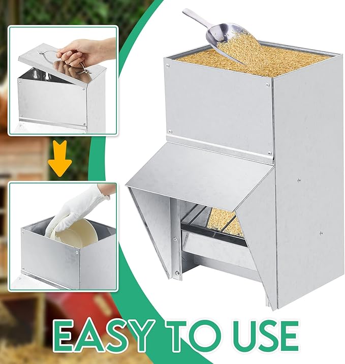 Uiifan 2 Pcs 11.5-50 Lbs Galvanized Chicken Feeder Weatherproof Poultry Food Dispenser with Lid Chicken Duck Food Dispenser Rat Proof Poultry Feeder for Cock Hen Duck(11.5 lb)