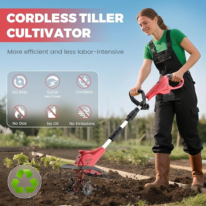 Cordless Electric Garden Tiller Cultivator Compatible with Milwaukee 18V Battery(Tool Only), Folding Electric Rototiller Features 40 Steel Tines 310RPM, Red