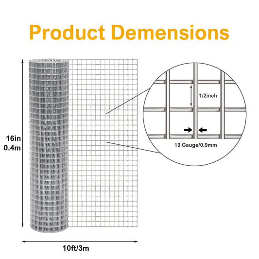 BIRDSINYARD 16in x 10ft Hardware Cloth - 1/2 inch Chicken Wire Fencing 19 Gauge Hot-dip Galvanized After Welding | Welded Wire Mesh Roll Garden Plant Chicken Coop Rabbit Poultry Netting Cage Screen