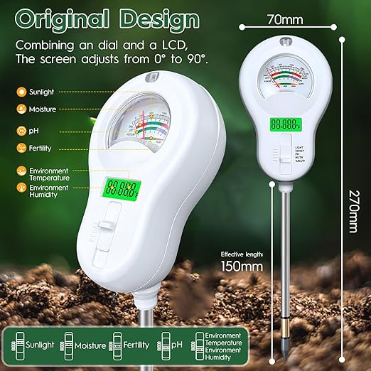 6-in-one Soil Test Kit-Soil Moisture Meter/PH Meter/Fertility/Sunlight Intensity Soil Tester, LCD Air Hygrometer&Temperature Moisture Meter for Plants-Garden, Lawn,Farm,1 Pack Detachable Probe