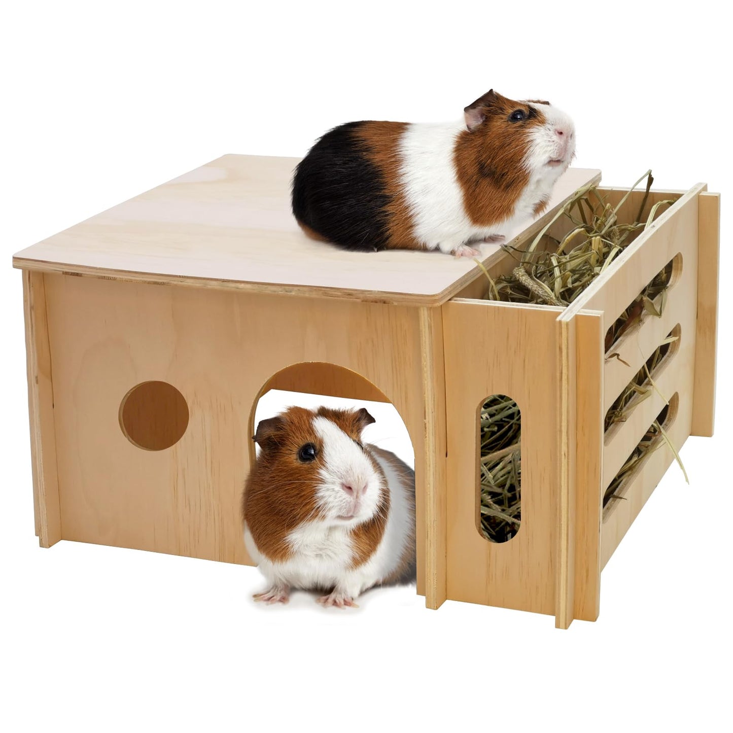 Fhiny Guinea Pig Wood House with Hay Feeder, Detachable Chinchilla Hut Hideout Small Animal Hideout Hideaway Natural Hamster Habitat Decor for Guinea Pig Chinchilla Dwarf Rabbit Hamster