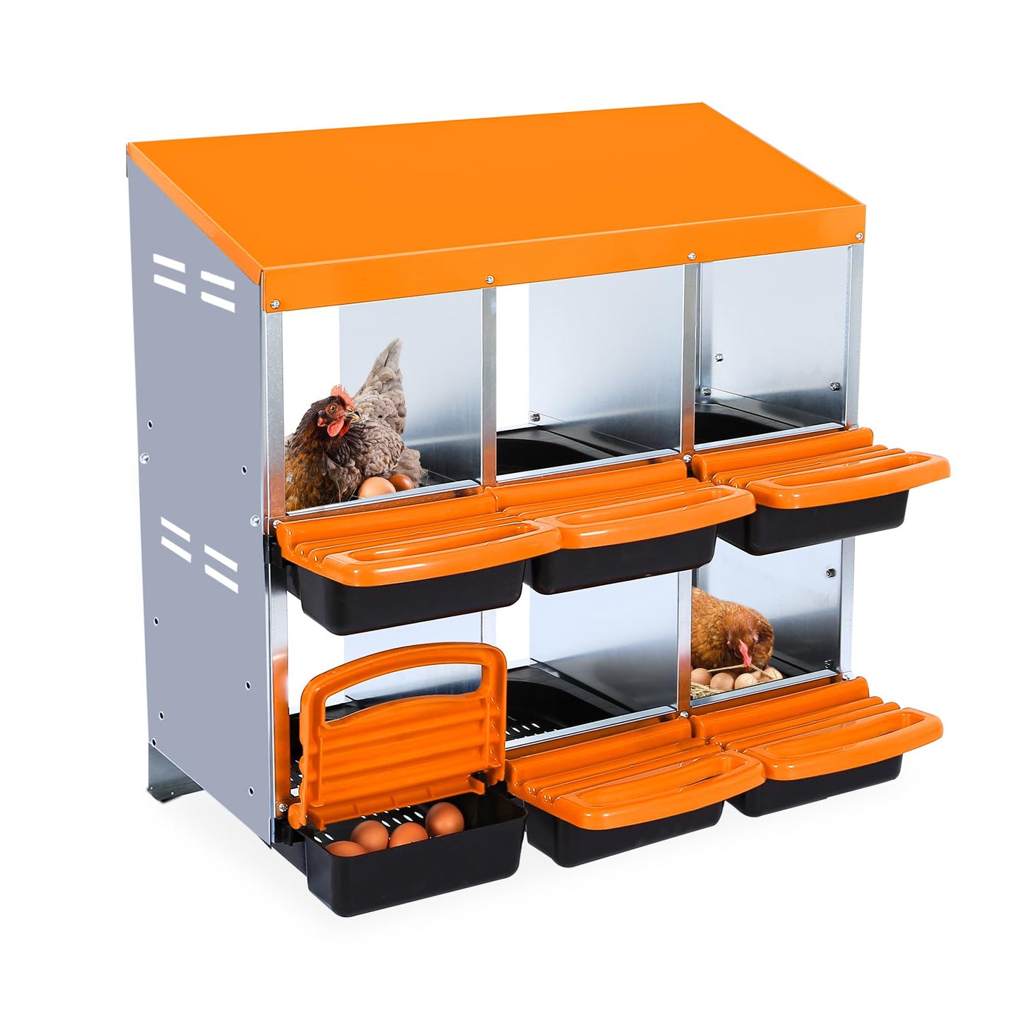 Chicken Nesting Box, 6 Compartments Nesting Boxes for Chickens, Chicken Laying Boxes, Roll Away Nesting Box for Chickens Laying Egg with Lid Cover to Protect Eggs, Orange