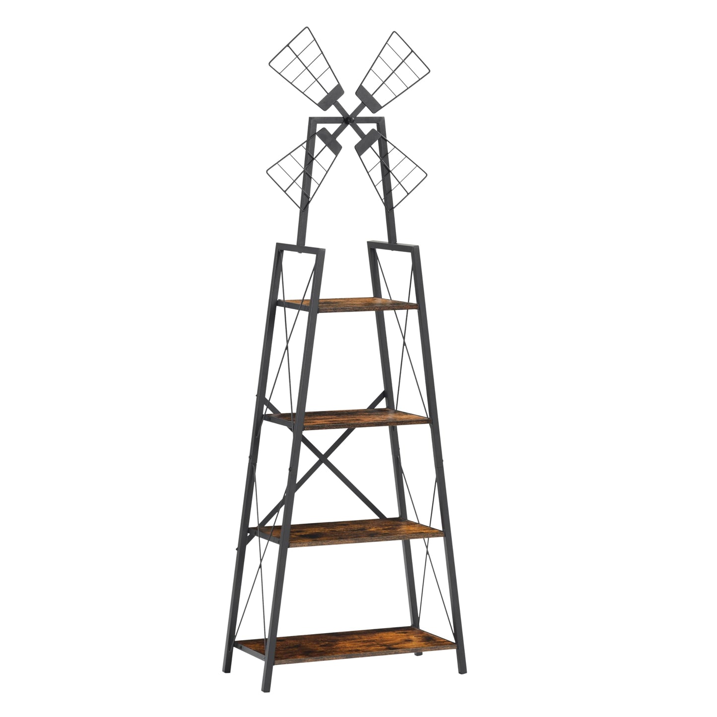Hotity 4-Tier Rustic Windmill Ladder Bookshelf - Freestanding Industrial Storage Shelving Unit for Living Room, Bedroom, and Office