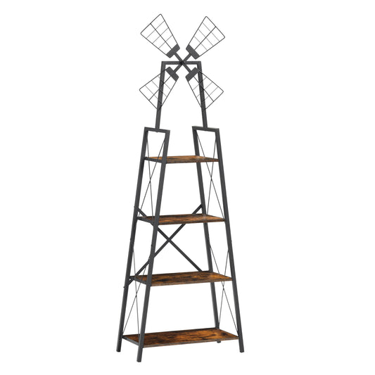 Hotity 4-Tier Rustic Windmill Ladder Bookshelf - Freestanding Industrial Storage Shelving Unit for Living Room, Bedroom, and Office