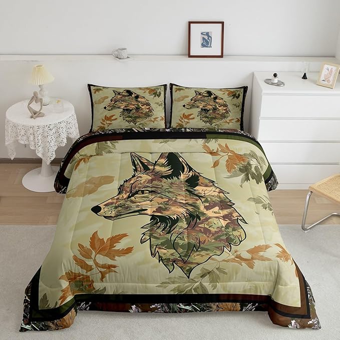Wolf Bedding Set Twin For Boys Woodland Camo Hunting Comforter Set Army Green Tree Branches Camouflage Wild Animal Quilt Comforter For Adults Men,Botanical Leaves Rustic Duvet 1 Pillow Case