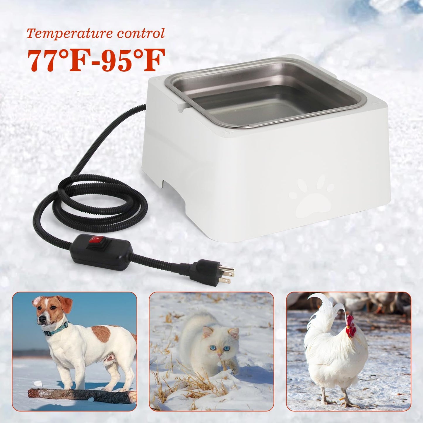Large Heated Dog Bowl for Outdoor,Winter Waterer Bowl Removable Stainless Automatic Dog Water Bowl,1 Gallon Large Capacity Outside Animal Heated Waterer Bowl for Dog,Cat Rabbit,Chicken,Duck (White)