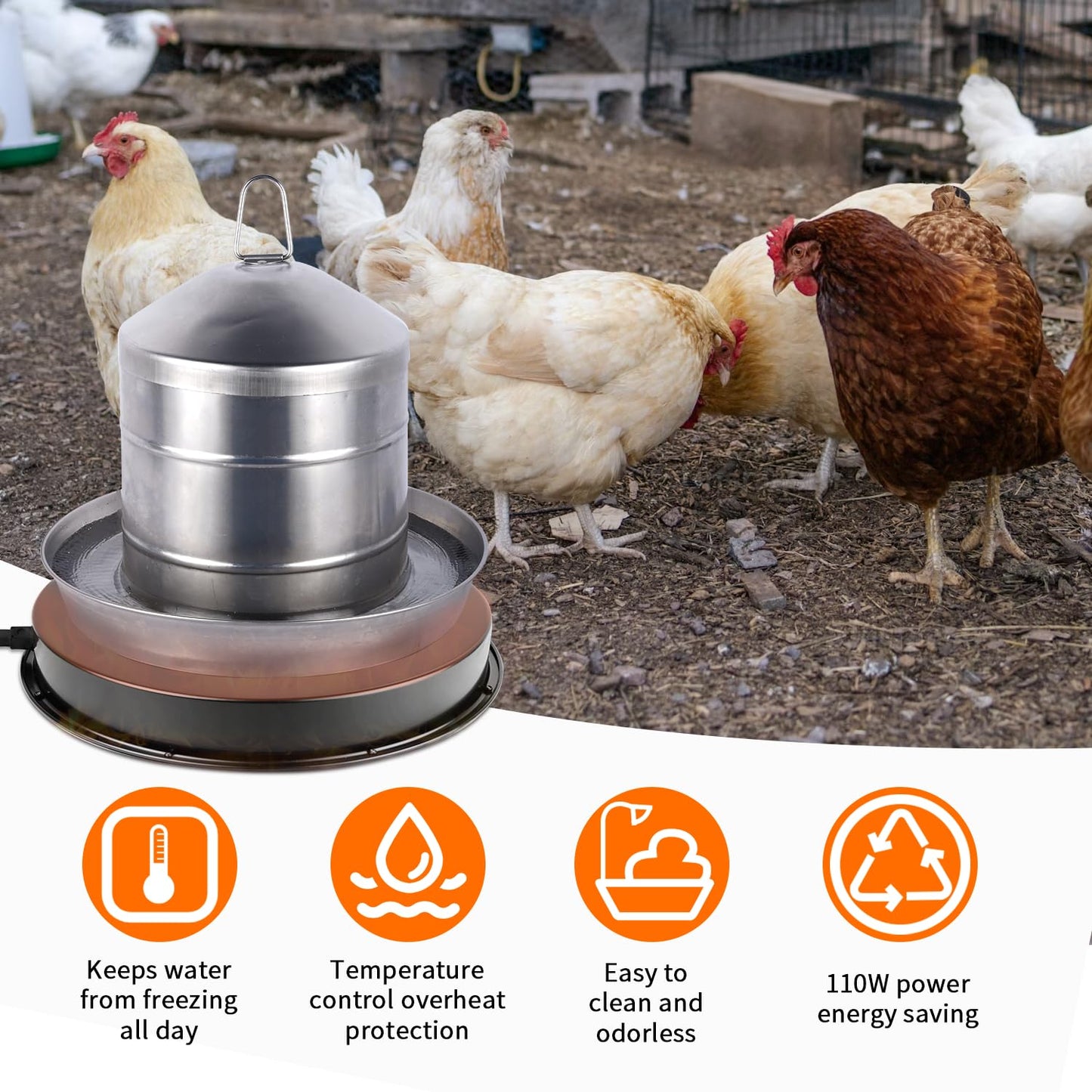 Chicken Water Heater for Winter, 110Watt Thermostat Heated Poultry Waterer Base with 9.8ft Power Cord，Suitable for Poultry Waterer (Black, 11INCH-2PACK)