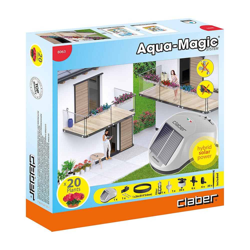Claber Aqua Magic Solar Drip Irrigation System - Automatic Solar Watering for Up to 20 Outdoor Plants, No Faucet Required