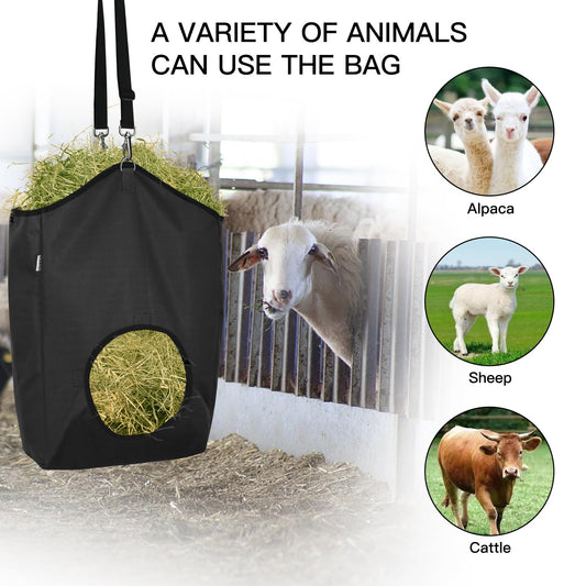 MIYABALA 3 Packs Goat Hay Feeder,Hay Bags for Goats,Horses,Sheep,Premium 600D Oxford Cloth,with Metal Fastener and Adjustable Open Feed Hole for Slow Feeding. (3 Black)