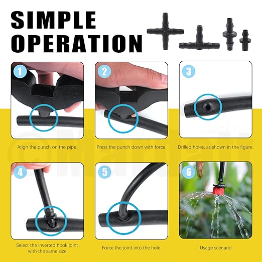 152Pcs Drip Irrigation Barbed Connectors Fittings Kit for 1/4" Tubing Includes 90/180/360 Angle Atomizing Sprinkler Sprayer and Barbed Connector for Agriculture Hydroponic Garden Lawn