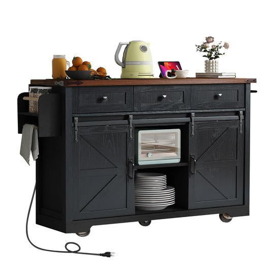 Casaphoria Kitchen Island with Storage, 53.7" Rolling Kitchen Cart on Wheels with Power Outlet, Drop Leaf, Spice Rack, Farmhouse Style, Black