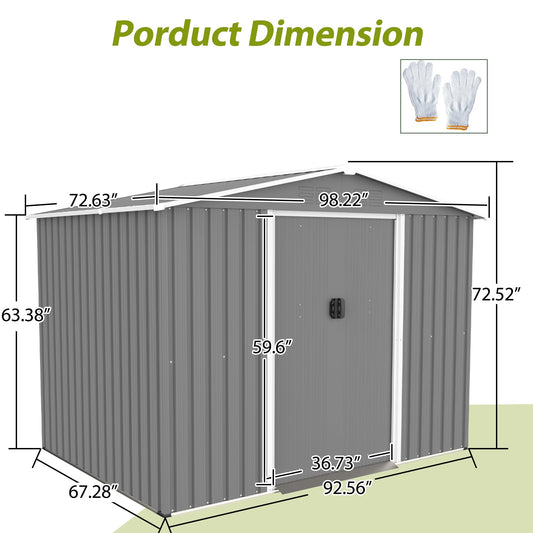 KEIKI Storage Shed 8x6 FT, Large Metal Tool Shed for Outdoor Storage, Galvanized Steel Garden Shed with Floor & Lockable Sliding Doors for Patio, Backyard, Lawn, Grey