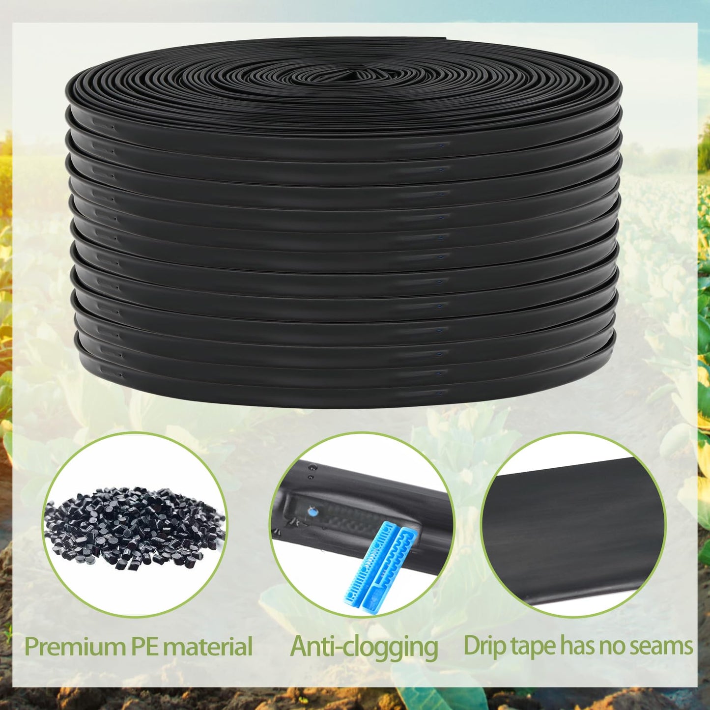 1640 ft 5/8" Drip Irrigation Tape Kit 15 mil Emitter Spacing 6" Flat Drip Tape with 130 PCS Drip Tape Connectors Automatic Irrigation Equipment for Garden Irrigation Emitter Flow:0.79 GPH