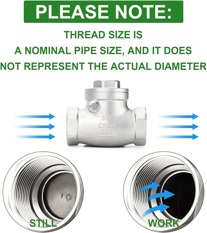 TAISHER 1PCS 304 Stainless Steel 3/4" Female Swing Check Valve，Backflow Prevention, One Way Check Valve CF8 WOG 1000