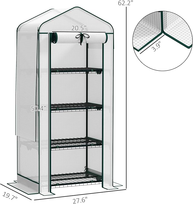Outsunny 4 Tier Mini Greenhouse with Screen Roof, 27.6" x 19.7" x 62.2", Portable Small Greenhouse with High Strength PE Cover, Roll-Up Zipper Door for Garden Yard Backyard, White