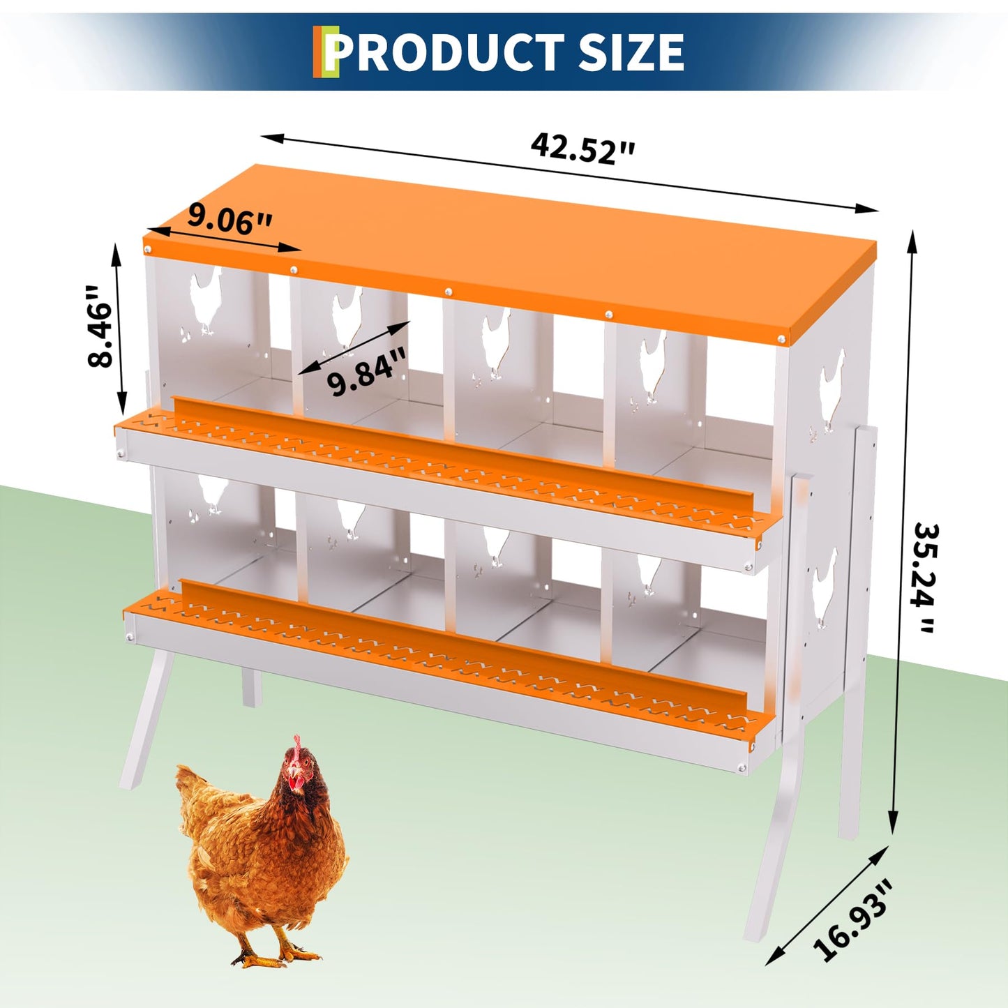 Chicken Nesting Box with Removable Tray,8 Compartment Nesting Boxes for Chickens,Easy to Clean and Install,Durable Chicken Laying Boxes for Chicken Coop,Protects Eggs-with Bracket Legs (Orange)
