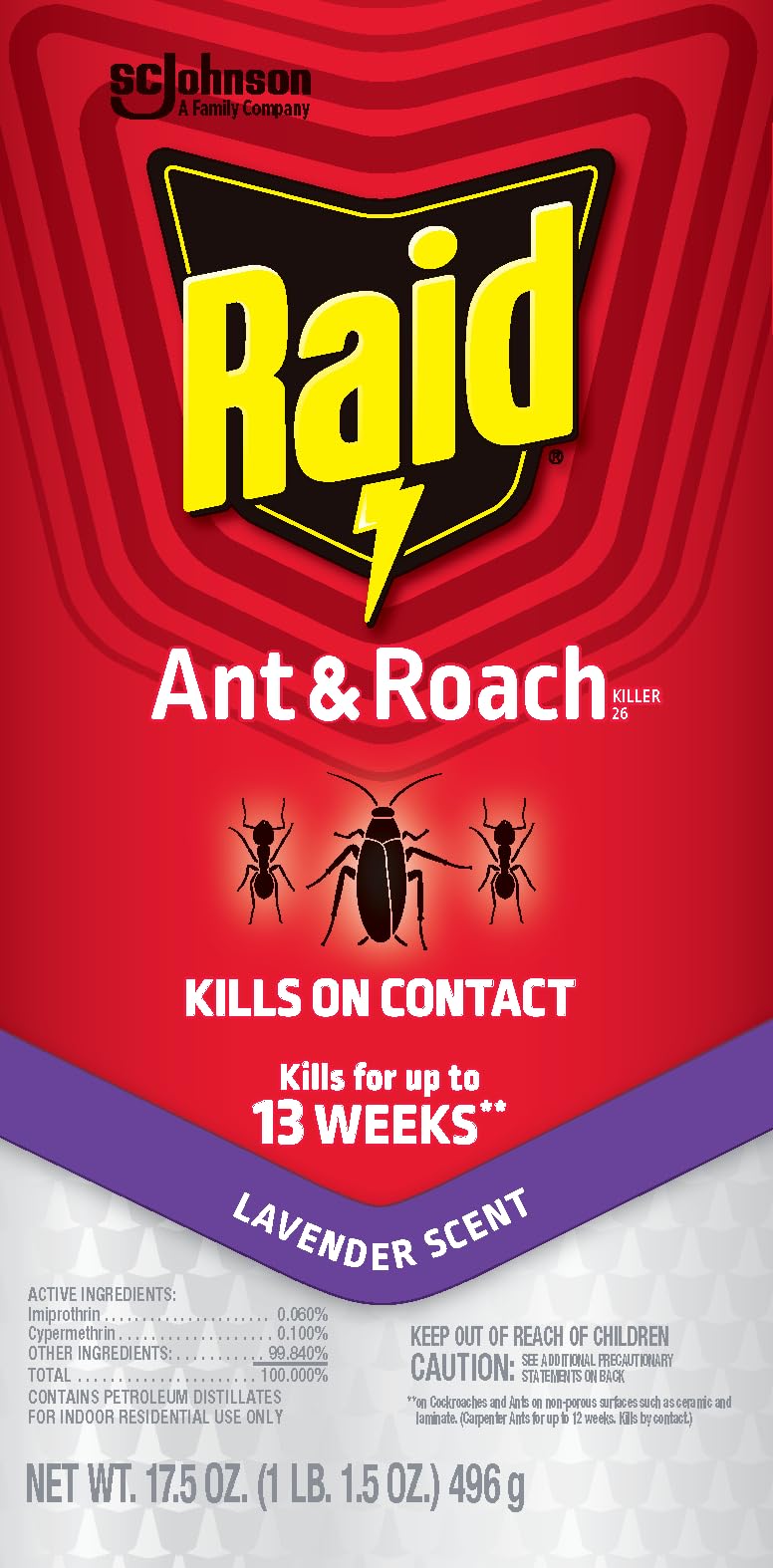 Raid Ant & Roach Killer Spray for Listed Bugs, Keeps Killing for Weeks, Lavender Scent, 17.5 oz