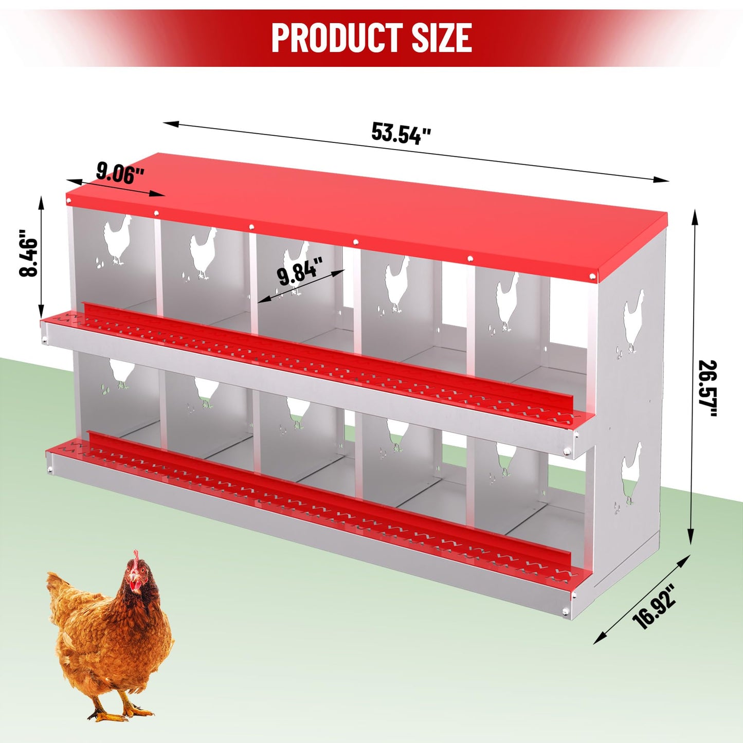 GarveeLife Nesting Boxes for Chickens, 10 Compartment Chicken Nesting Box, Metal Chicken Laying Boxes with Perch, Secure Lid, Versatile Wall Mount or Free Standing for Hens, Red