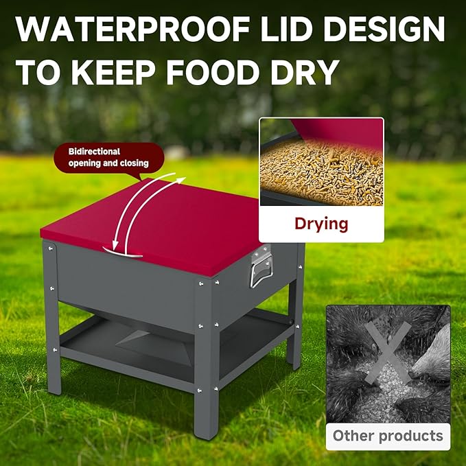 Automatic Chicken and Duck Feeder, 80 LBS Capacity Metal Chicken Feeder, Weatherproof Outdoor Gravity Feeding Barrel, No-Waste Feeder for Backyard Flock (Red)