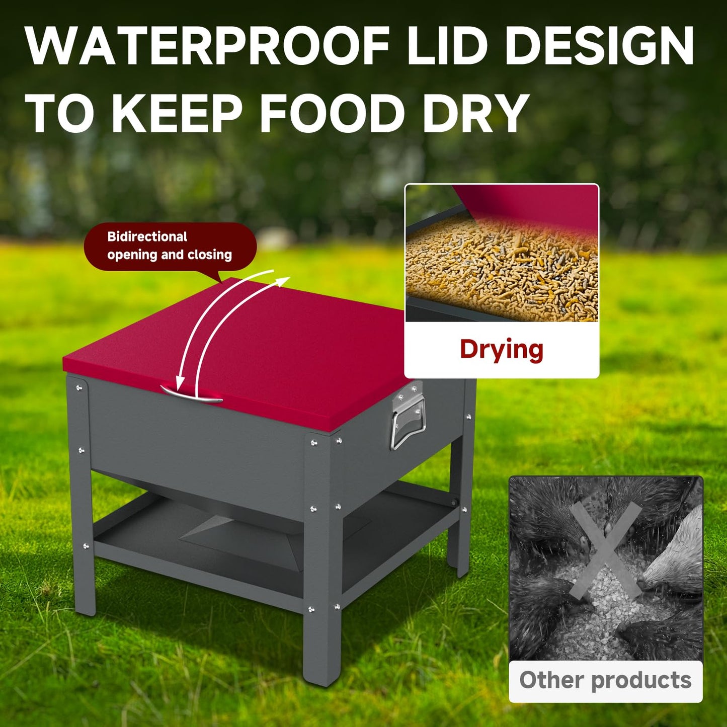 Automatic Chicken and Duck Feeder, 80 LBS Capacity Metal Chicken Feeder, Weatherproof Outdoor Gravity Feeding Barrel, No-Waste Feeder for Backyard Flock (Red)