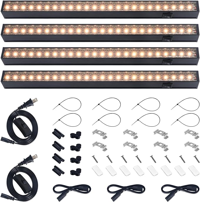 Barrina Grow Lights for Indoor Plants, Full Spectrum Sunlight, Black Cover LED Grow Light Bulbs, T5 Grow Light Strip, 1ft Plant Light for Indoor Plants Growing, 3 Mounting Modes, Yellow, 4 Packs