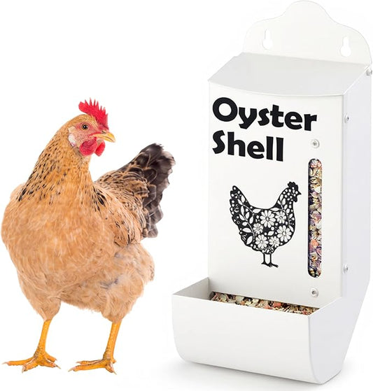 CluckRoots Oyster Shell Feeder for Hens, No-Waste All‑Weather Thick‑Wall Design, Lift-Off Wall-Mounted Calcium Supplement Crushed Egg Shells Dispenser w/Rain Lid, Chicken Gifts for Chicken Lovers