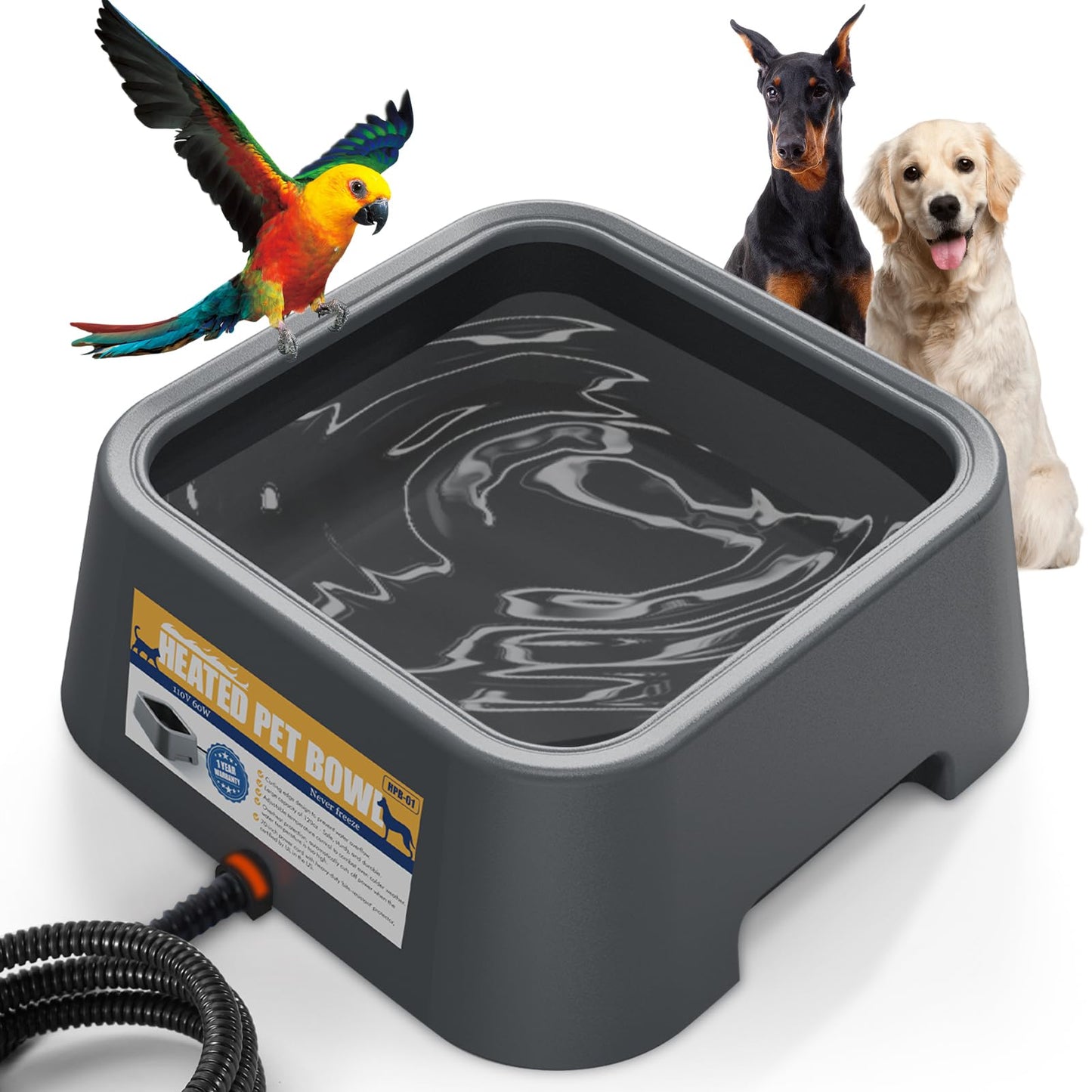 120OZ/3.5L Heated Water Bowl, Heated Water Bowl for Outdoor Cats Dog Chicken Rabbit, Heated Dog Bowl with Chew Resistant Power Cord, Melt Ice, Provide Drinkable Water for Feral Cats, (Grey)