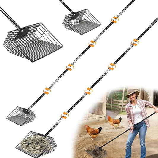 10" & 15" 2 Large Chicken Poop Scooper Set: Heavy Duty Carbon Steel Sifter Shovel, Metal Pooper Sifting Scoop for Poultry Run Yard Farm Litter Manure Sand, Chicken Coop Accessories Cleaning Tool