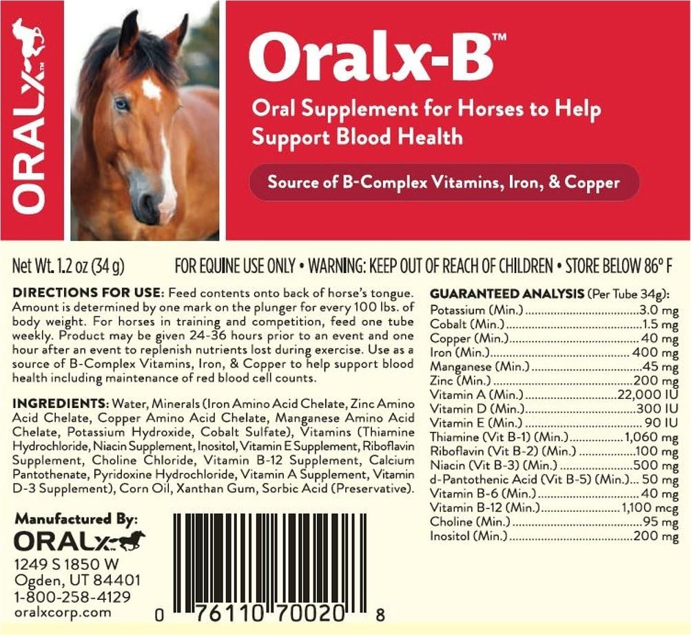 Oralx-B High-Potency B-Vitamin Complex and Chelated Mineral Booster. Nutritional Supplement for Hard-Working Horses. Oral Paste in Easy-Dose Syringe. Guaranteed Analysis. Made in USA.
