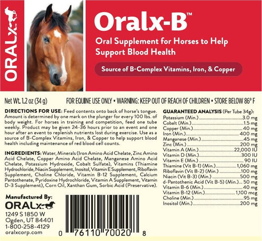 Oralx-B High-Potency B-Vitamin Complex and Chelated Mineral Booster. Nutritional Supplement for Hard-Working Horses. Oral Paste in Easy-Dose Syringe. Guaranteed Analysis. Made in USA.