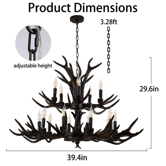 Uboxin Black Antler Chandelier with Brushed Gold, 15 - Light Rustic Farmhouse Ceiling Light, 39.4" Wide Adjustable Height Hanging Chandelier for Living Room, Dining Room, Coffee Shop (15 Lights)
