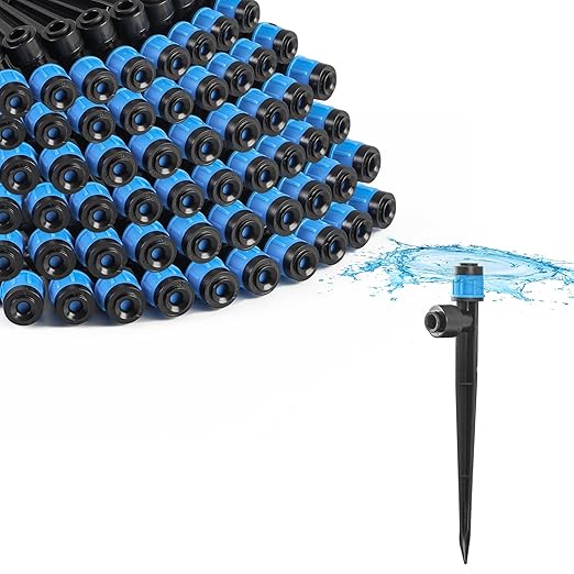 MIXC 60pcs Quick-Connect Drip Irrigation Emitters Fan Shape for 1/4" Drip Irrigation Tubing - Adjustable Push-to-Connect 360° Drip Emitters Vortex on 6" Sturdy Stake for Irrigation System
