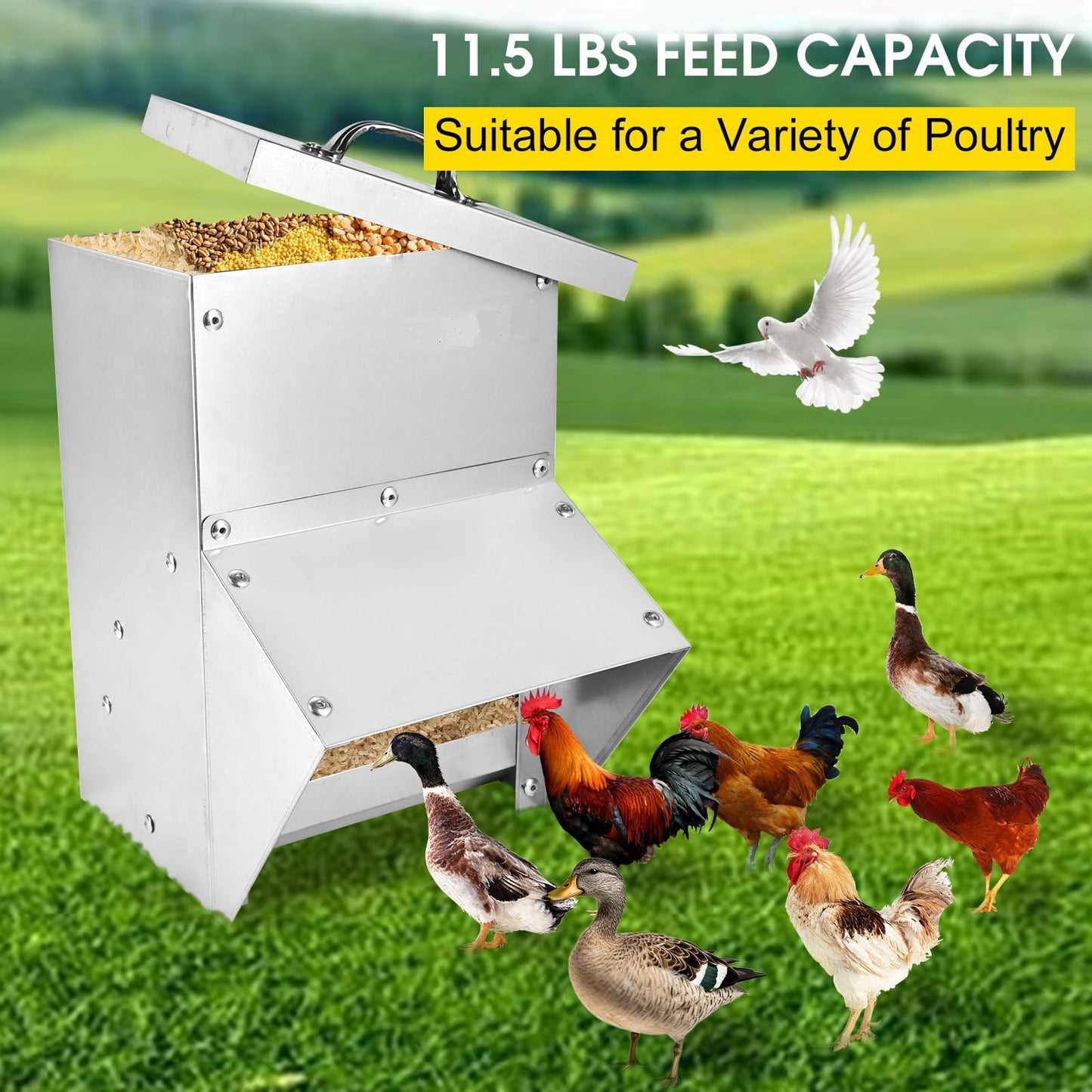 shengyi 11.5-55lbs Galvanized Chicken Feeder - Rat Proof Poultry Feeder with Lid Weatherproof Outdoor Coop Food Dispenser (11.5lbs 8.3x6.3x12.9in)