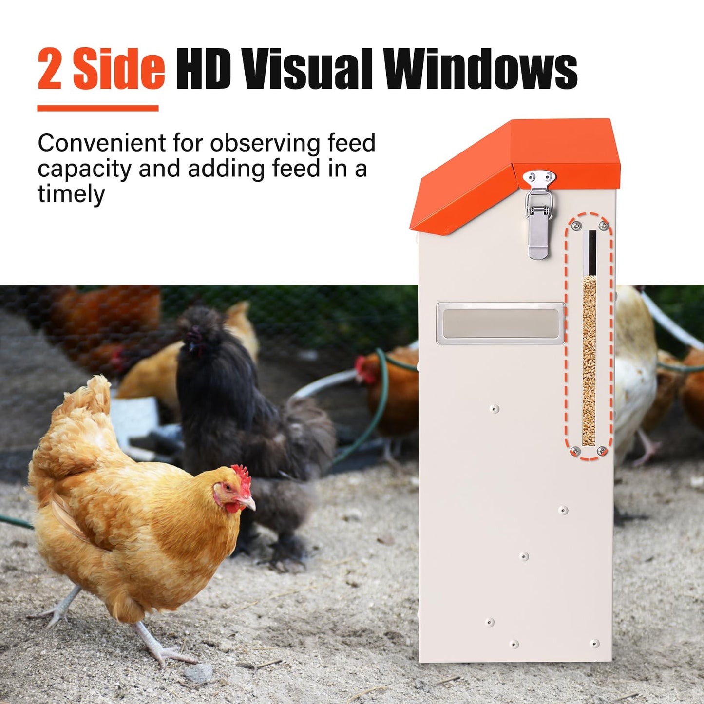 MUDUOBAN Chicken Feeder Wall Mount - Galvanized Metal Hanging Poultry Feeder No Waste - Chicken Coop Feed Dispenser for Oyster Shell & Grit