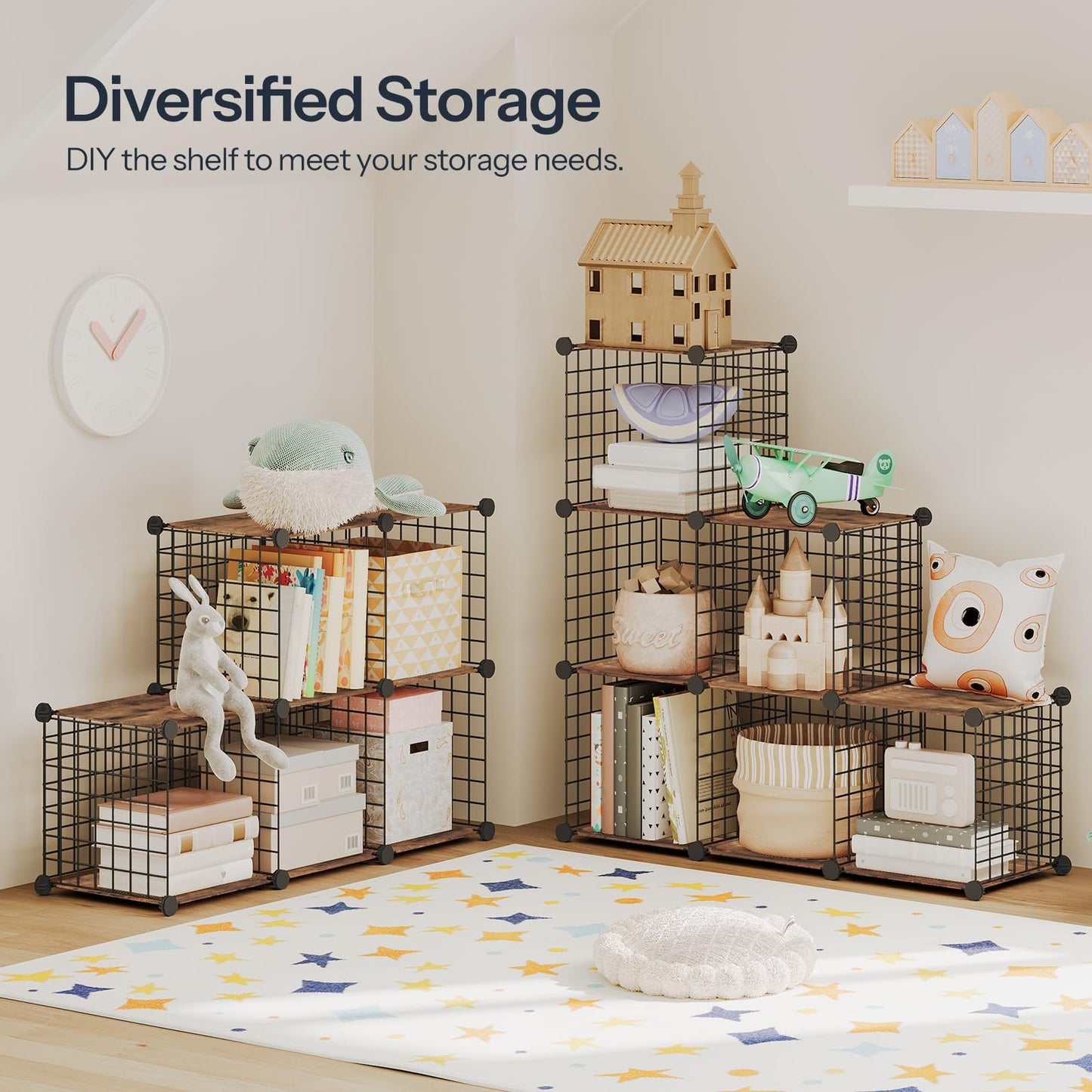 HOOBRO Cube Storage Organizer, 6-Cube Metal Grid Storage Shelf, Modular Cabinet, DIY Wire Bookshelf, for Living Room, Bedroom, Study, Rustic Brown and Black BF06CW01