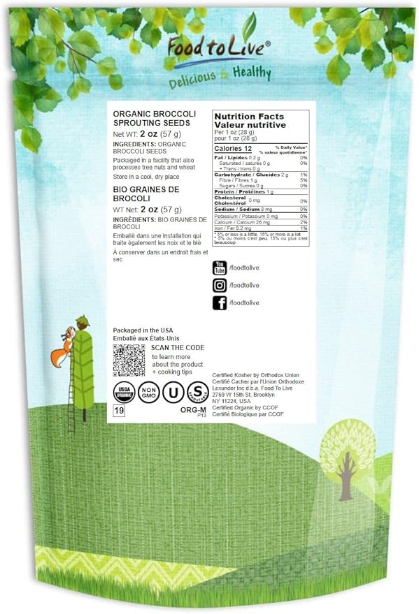 Food to Live Organic Broccoli Seeds for Sprouting, 2 Ounces – Non-GMO, Vegan, Kosher, Sirtfood, Bulk. Rich in Sulforaphane, Vitamin C. Grow Sprouts, Microgreens for Salads, and Sandwiches
