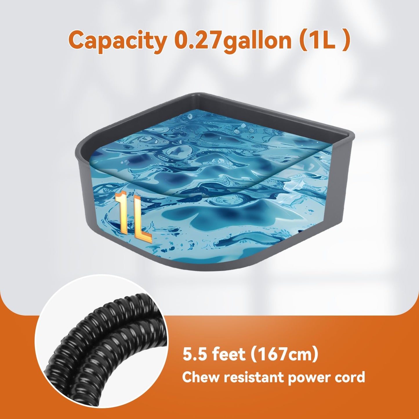 Billionchains Dog Heated Water Bowl for Crate Cage No Freeze Water Bowl for Outdoor 0.27 Gallon Hanging Heated Water Dish for Dogs/Cats/Chickens/Birds/Rabbits, Grey